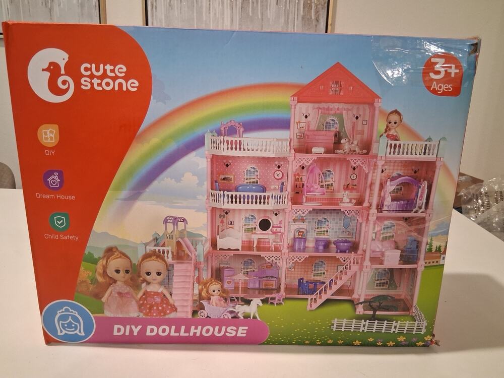 Cute Stone Huge Dollhouse 11 Rooms DIY Dreamhouse w/ 2 Dolls & Lights - Open Box